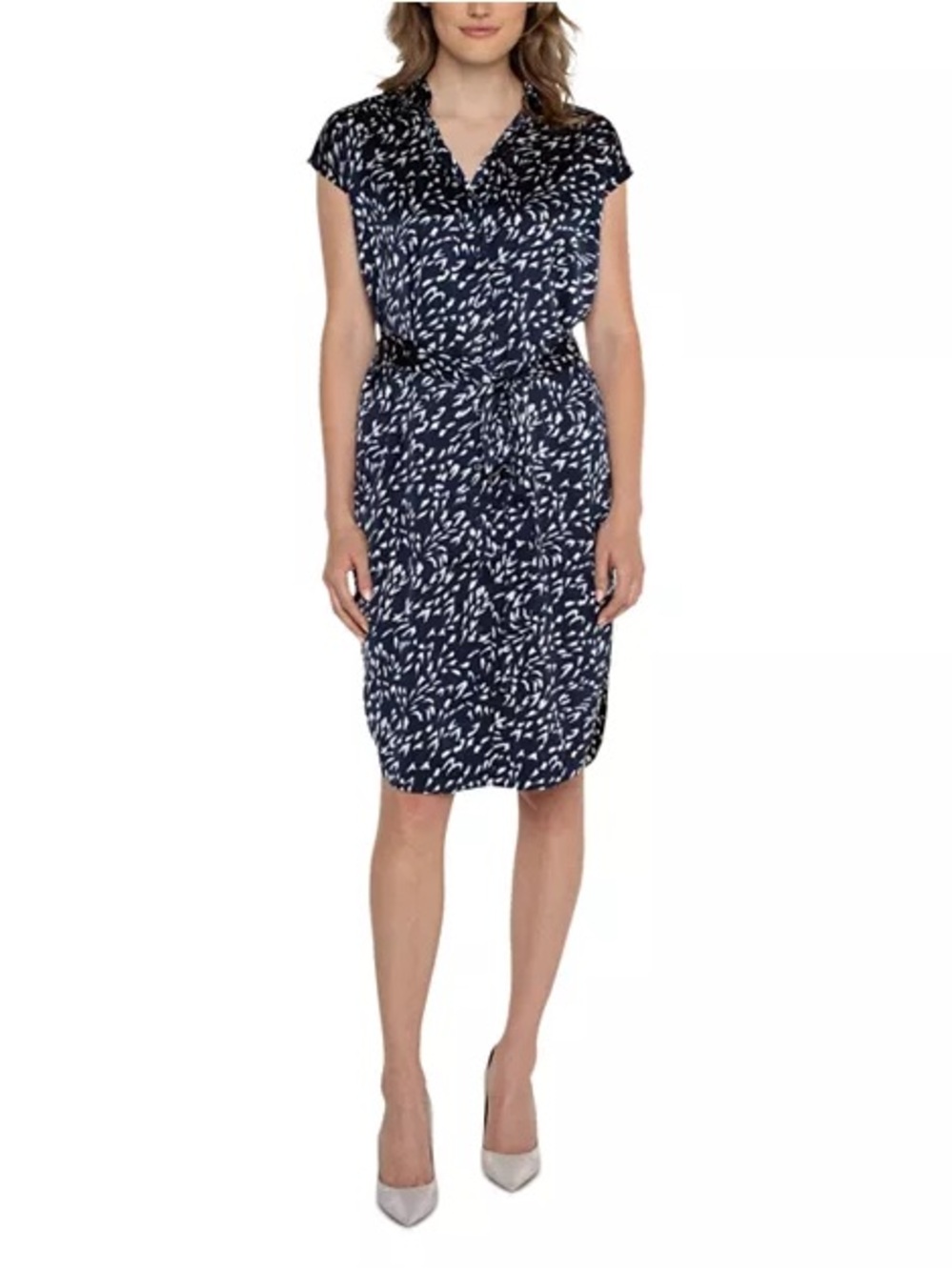 Liverpool Navy and White Printed Cap-Sleeve Sheath Dress